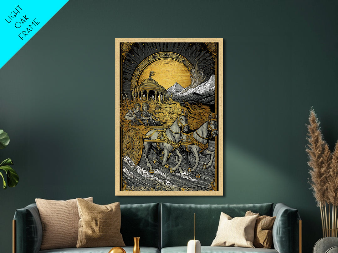 Sun Chariot Metallic Gold Metal Print, Framed Metal Wall Art with Real Wood Frame, Greek Myth Apollo Helios Horses Statement Decor