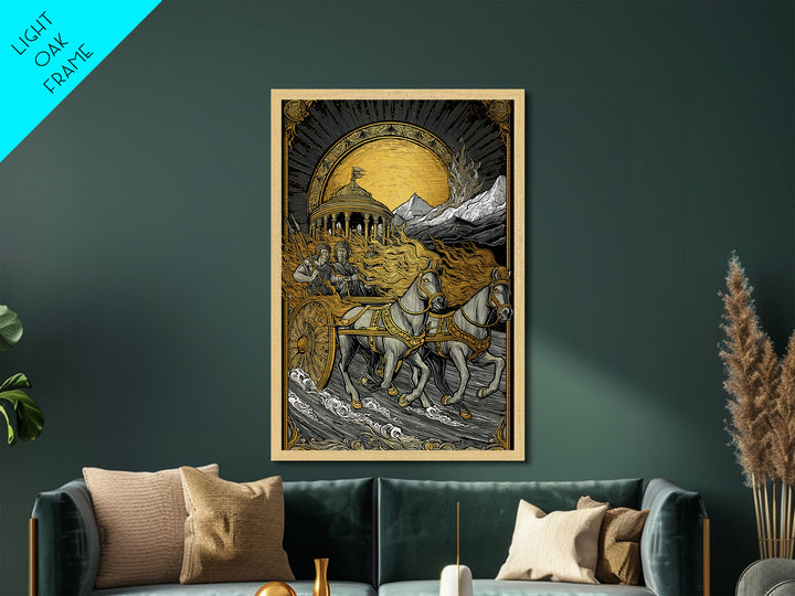 Sun Chariot Metallic Gold Metal Print, Framed Metal Wall Art with Real Wood Frame, Greek Myth Apollo Helios Horses Statement Decor