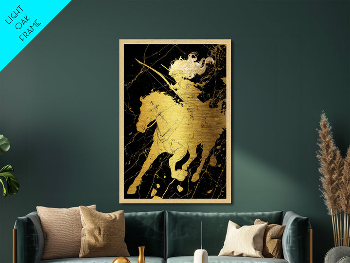 Huntress on Horse Metallic Gold Metal Print, Framed Metal Wall Art with Real Wood Frame, Warrior Goddess Archer Black Gold Decor