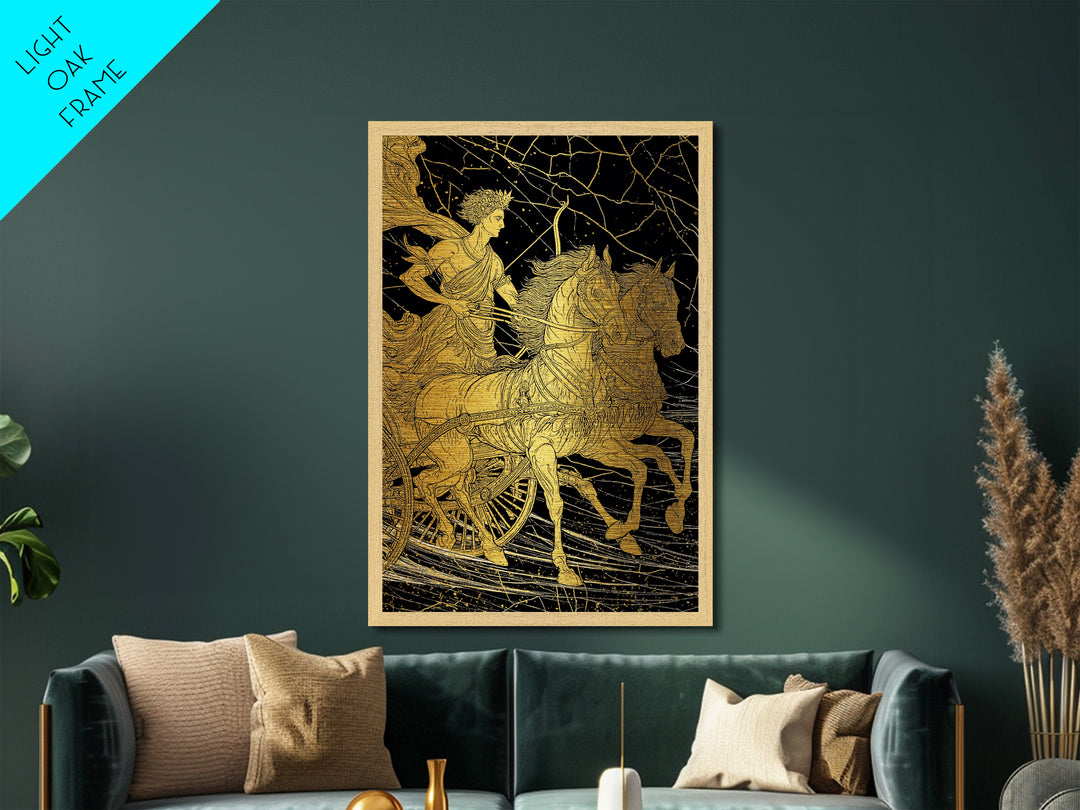 Apollo Sun Chariot Metallic Gold Metal Print, Framed Metal Wall Art with Real Wood Frame, Classical Greek God Horses Wall Decor