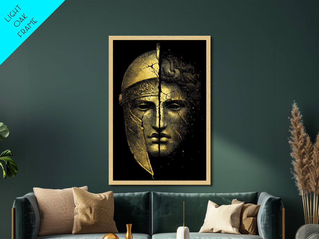 Ancient Warrior Mask Metallic Gold Metal Print, Framed Metal Wall Art with Real Wood Frame, Greek Helmet Cracked Kintsugi Decor