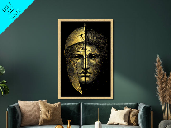 Ancient Warrior Mask Metallic Gold Metal Print, Framed Metal Wall Art with Real Wood Frame, Greek Helmet Cracked Kintsugi Decor