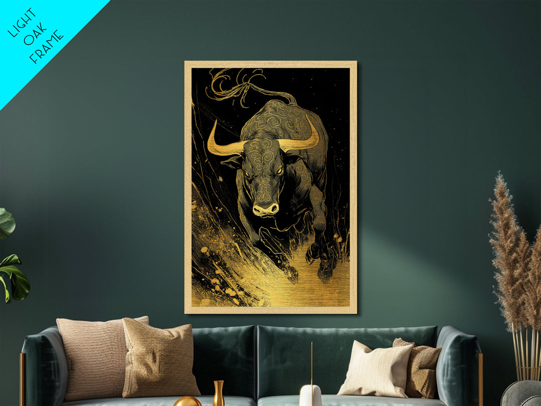 Bull Splash Metallic Gold Metal Print, Framed Metal Wall Art with Real Wood Frame, Powerful Charging Animal Black Gold Decor