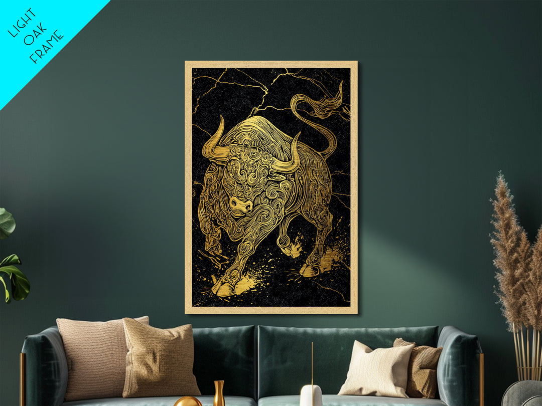 Ornate Bull Metallic Gold Metal Print, Framed Metal Wall Art with Real Wood Frame, Black and Gold Animal Decor for Luxury Home