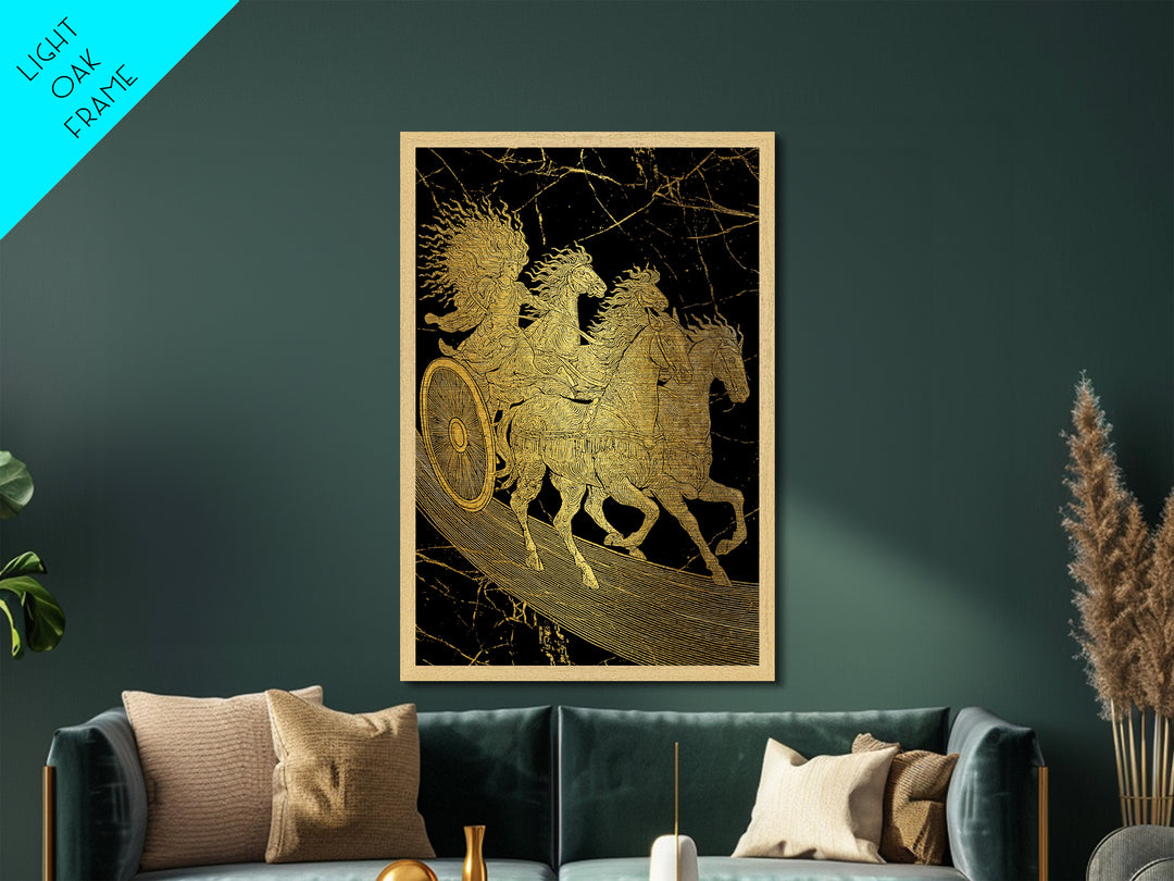 Golden Chariot Metallic Gold Art, Framed Metal Wall Art with Real Wood Frame, Classical Black and Gold Greek Myth Horse Decor