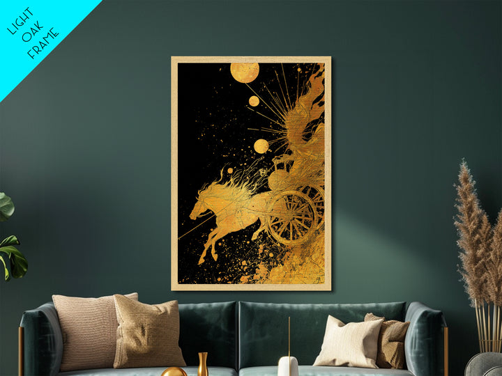Celestial Chariot Metallic Gold Art, Framed Metal Wall Art with Real Wood Frame, Radiant Greek Myth Sun and Horse Wall Decor