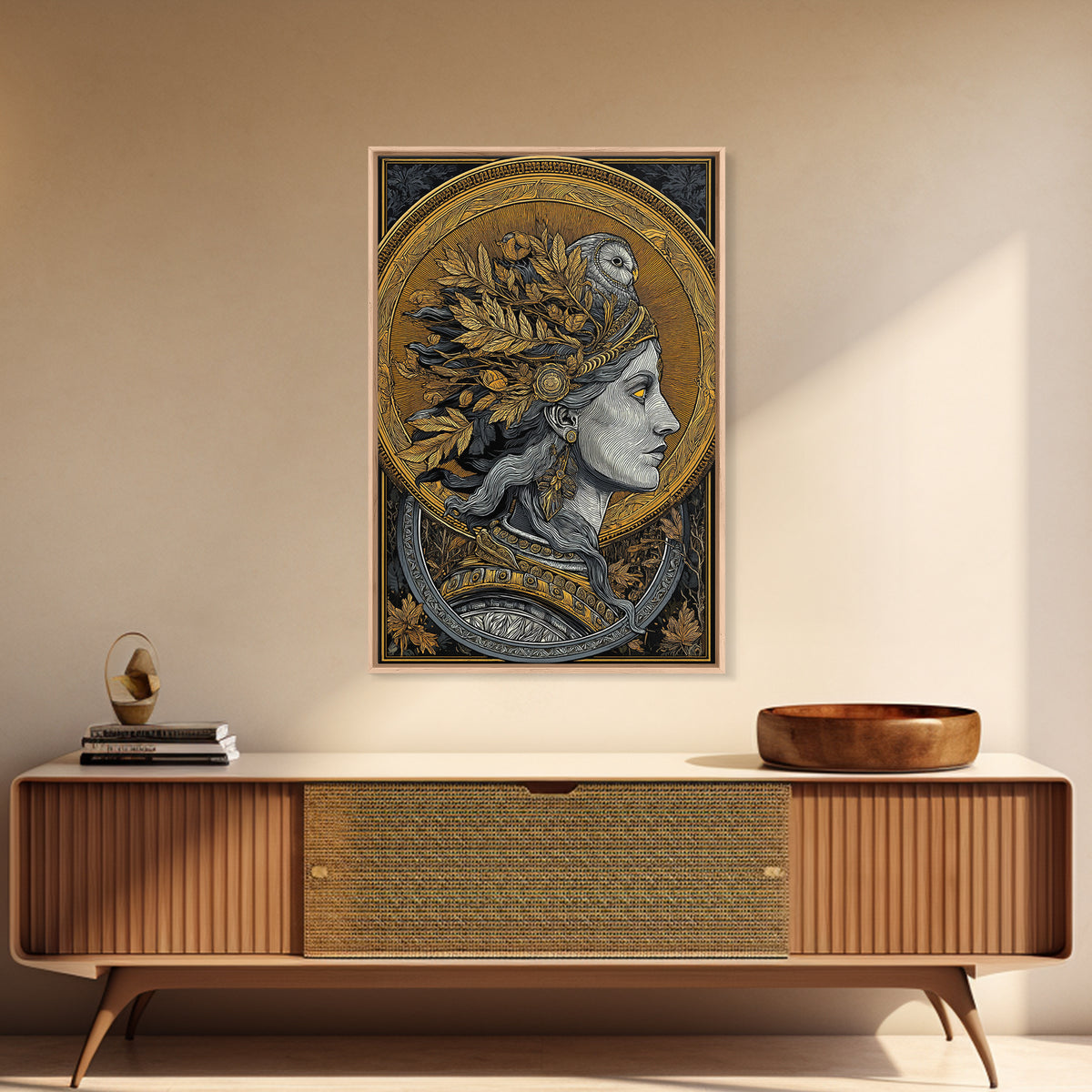 Athena Portrait Canvas Gold Canvas Print, Framed Canvas Wall Art with Real Wood Frame, Greek Goddess with Owl Luxury Home Decor