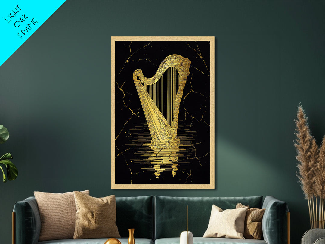 Golden Harp Metallic Gold Metal Print, Framed Metal Wall Art with Real Wood Frame, Black and Gold Classical Instrument Decor