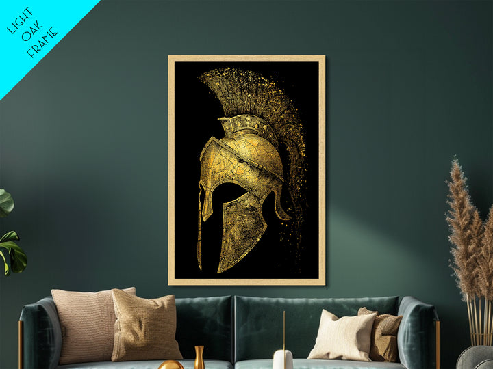 Spartan Helmet Metallic Gold Metal Print, Framed Metal Wall Art with Real Wood Frame, Black and Gold Greek Warrior Decor