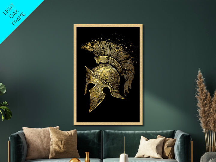 Spartan Helmet Metallic Gold Metal Print – Ancient Warrior Art on Premium Metal with Real Wood Frame – Greek History Wall Decor
