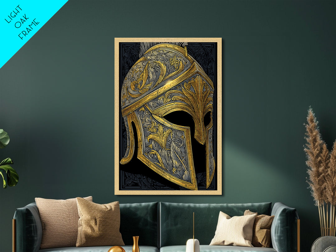 Ornate Spartan Helmet Metallic Gold Art – Intricate Ancient Warrior Wall Print on Metal with Real Wood Frame – Greek Decor