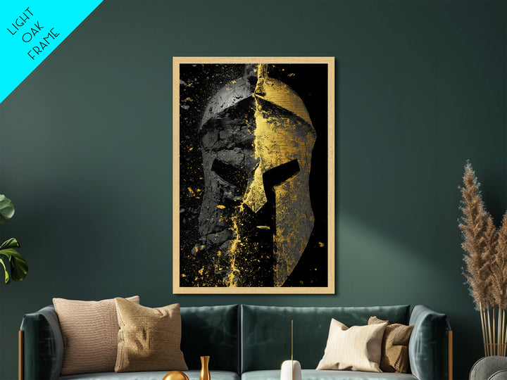 Shattered Spartan Helmet Metallic Gold Metal Print – Half Black Rock Half Gold Warrior Art – Real Wood Frame Home Wall Decor