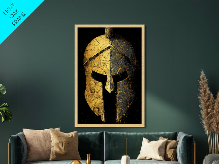 Cracked Warrior Helmet Metallic Gold Art – Ancient Greek Sparta Wall Metal Print with Real Wood Frame – Bold Home Decor
