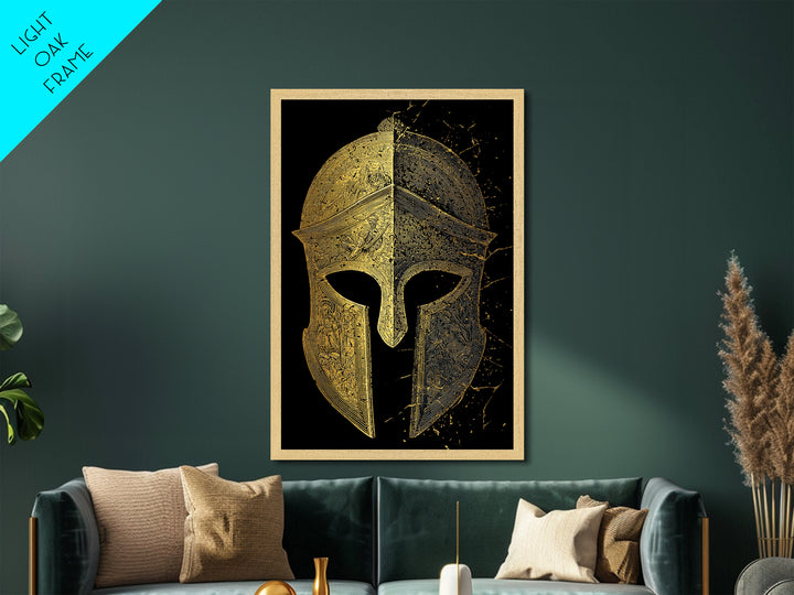 Historic Greek Helmet Metallic Gold Art – Ancient Battle Warrior Wall Metal Print with Real Wood Frame – Museum Quality Decor