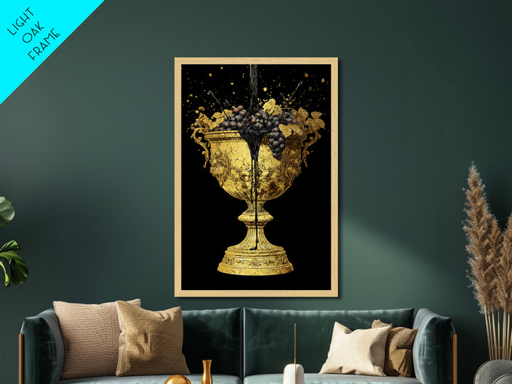 Luxurious Golden Chalice Metallic Gold Metal Print – Grapes & Wine Still Life Wall Art with Real Wood Frame – Elegant Kitchen Decor