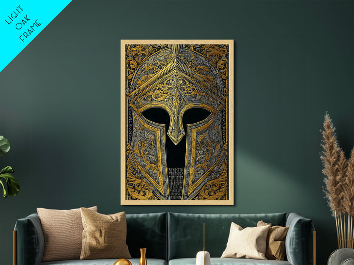 Runic Spartan Helmet with Ornate Gold Carving – Metallic Gold Art, Intricate Ancient Helmet Metal Art, Mythic Warrior Decor