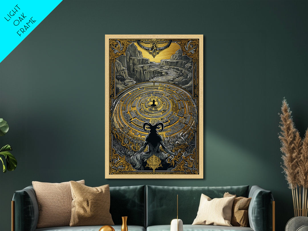 Labyrinth Minotaur Fantasy Scene Metallic Gold Metal Print with Real Wood Frame – Mythology Inspired Wall Art