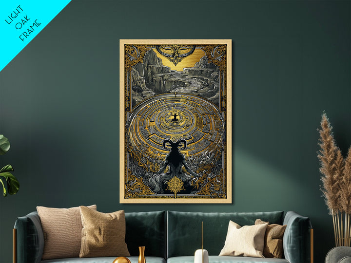 Labyrinth Minotaur Fantasy Scene Metallic Gold Metal Print with Real Wood Frame – Mythology Inspired Wall Art