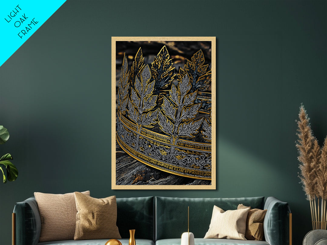 Laurel Leaf Crown Metallic Gold Art Print with Real Wood Frame – Regal Nature-Inspired Decorative Wall Piece