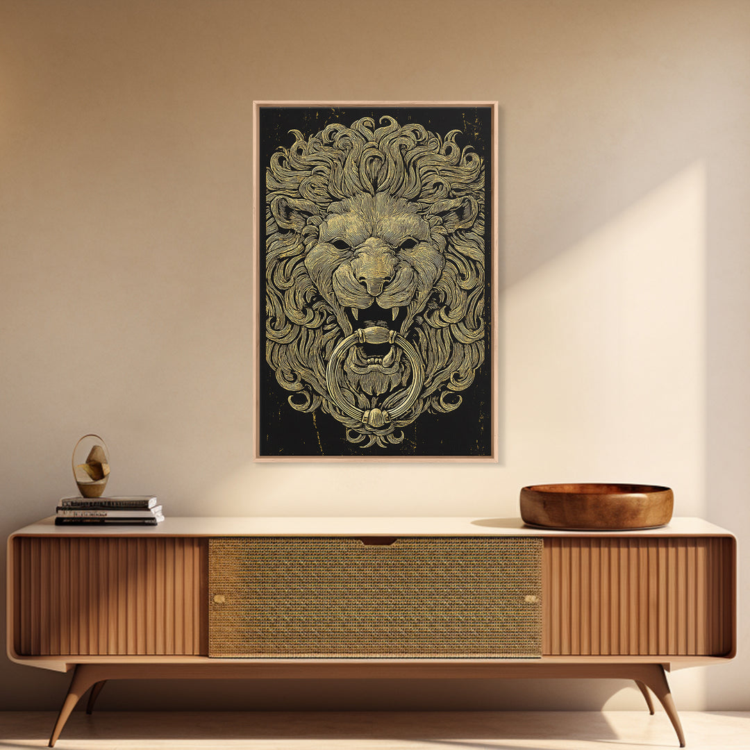 Vintage Lion Head Door Knocker Canvas Gold Canvas Print with Real Wood Frame – Bold Statement Wall Art