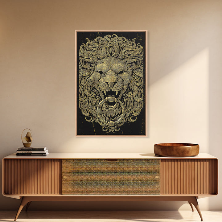 Vintage Lion Head Door Knocker Canvas Gold Canvas Print with Real Wood Frame – Bold Statement Wall Art