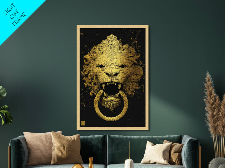 Aged Lion Door Knocker Metallic Gold Art Print with Real Wood Frame – Rustic Antique-Inspired Home Wall Art