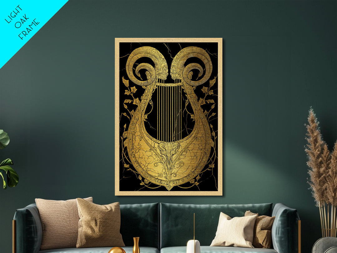 Ancient Ram Horn Lyre Metallic Gold Art Print with Real Wood Frame – Classical Mythology Inspired Wall Art