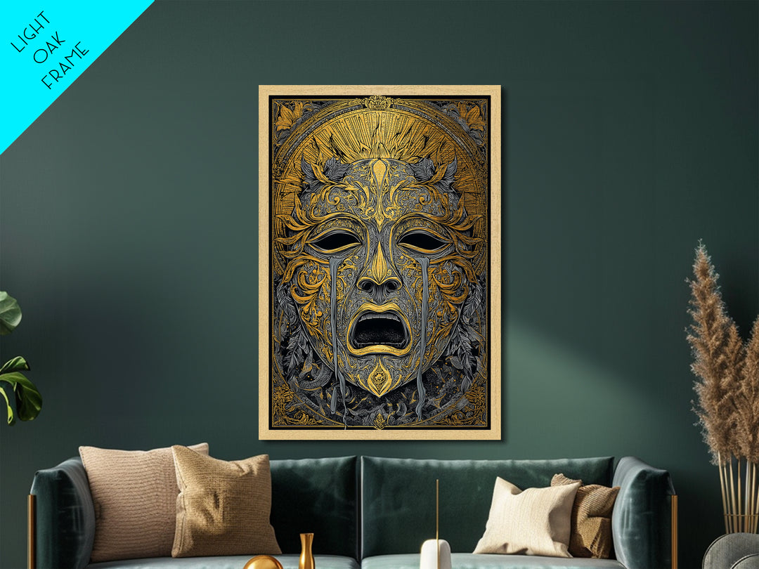 Crying Ornate Mask Metallic Gold Metal Print with Real Wood Frame – Dramatic Theatrical Inspired Wall Art