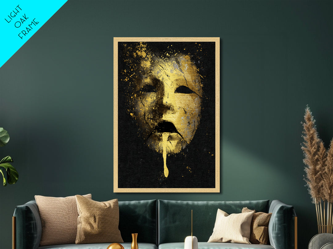 Abstract Gold-Drip Mask Metallic Gold Art Print with Real Wood Frame – Modern Surreal Face Wall Decor
