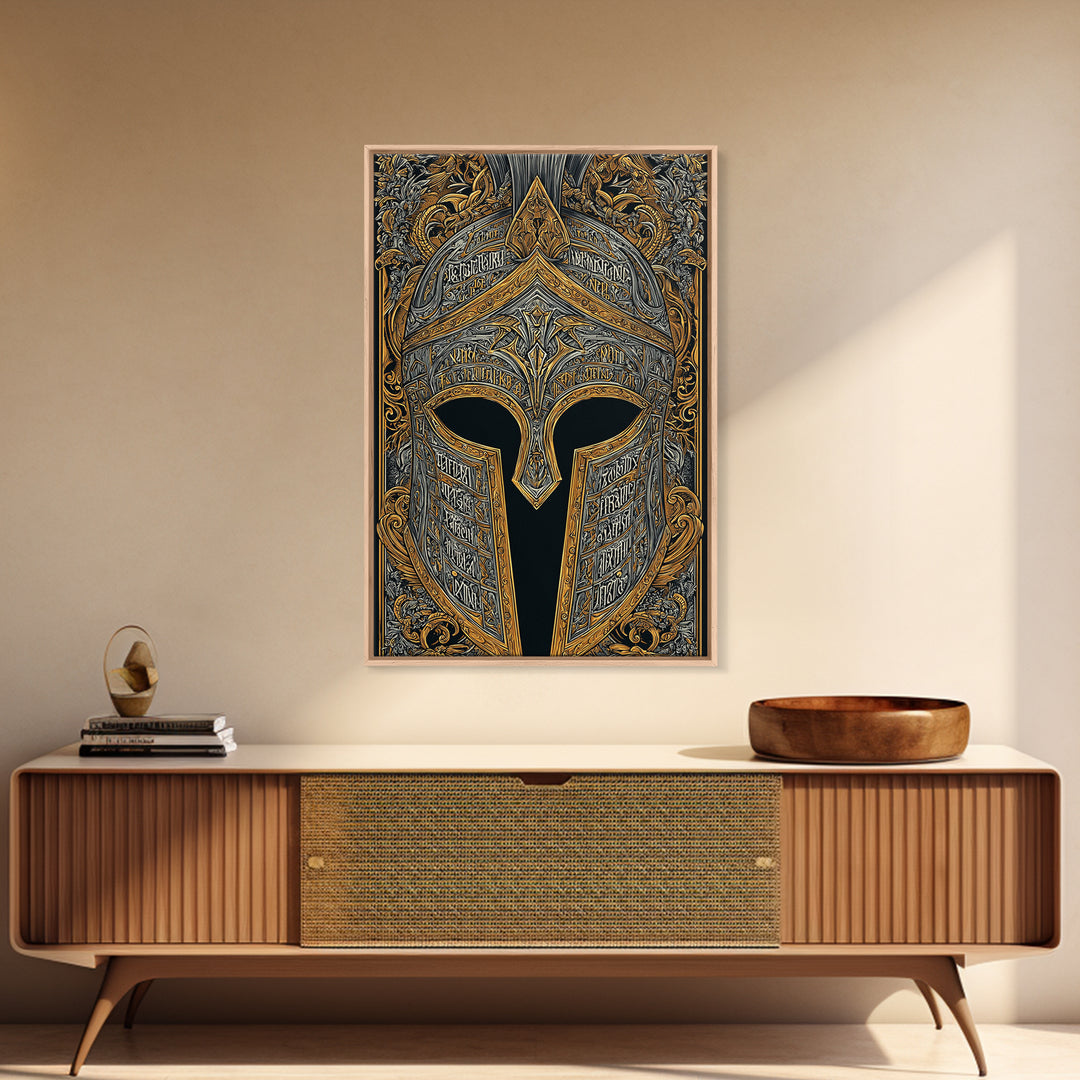 Fantasy Spartan Helmet with Dragon Ornament – Canvas Gold Art, Elaborate Canvas Art Print, Ancient Warrior Wall Decoration