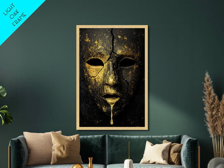 Cracked Gold Mask Metallic Gold Metal Print with Real Wood Frame – Dark Dramatic Statement Wall Art
