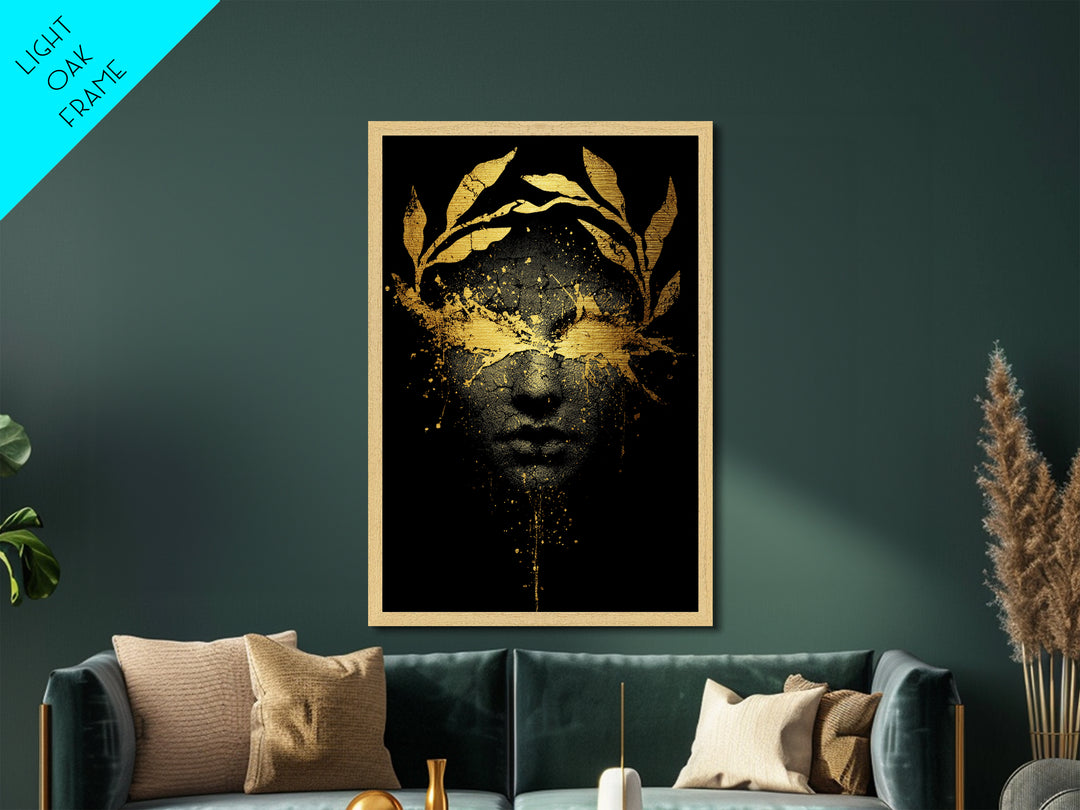 Veiled in Glory – The Laurel-Crowned Gaze of Gold, Metal Art, Metallic Gold Print, Metal Wall Art, Man Cave Decor