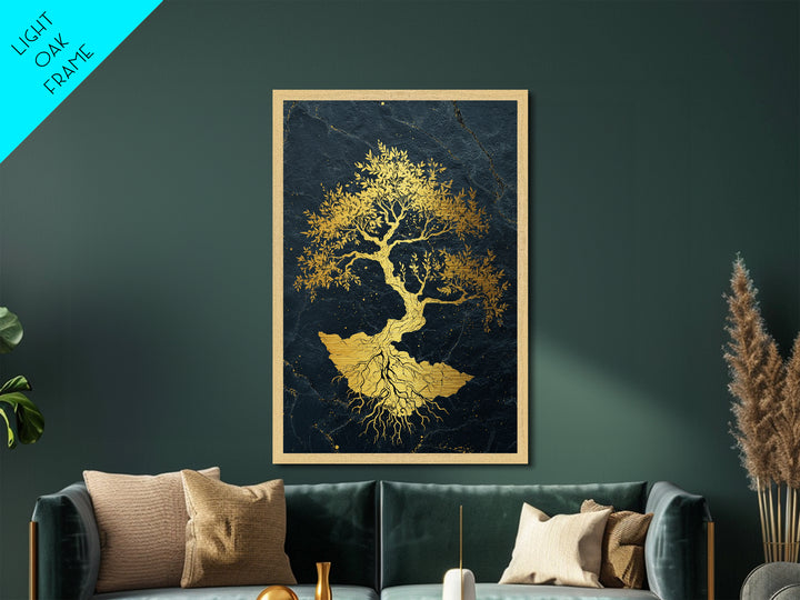 The Gilded Bonsai – Roots Anchored in Stone and Time, Metal Art, Metallic Gold Print, Metal Wall Art, Man Cave Decor
