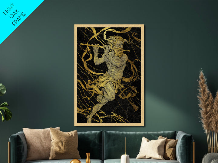 Greek God Pan Playing Flute – Metallic Gold Metal Print – Mythology Wall Art with Real Wood Frame for Classical Home Decor