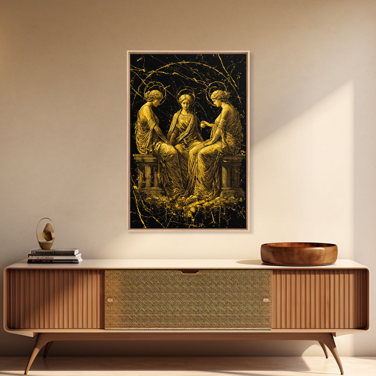 The Three Graces – Canvas Gold Canvas Print – Greek Goddess Wall Art with Real Wood Frame for Elegant Classical Room Decor