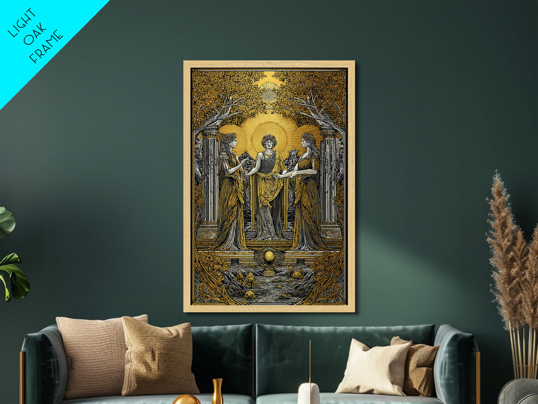 Greek Goddesses in Golden Garden – Metallic Gold Metal Print – Classical Mythology Wall Art with Real Wood Frame