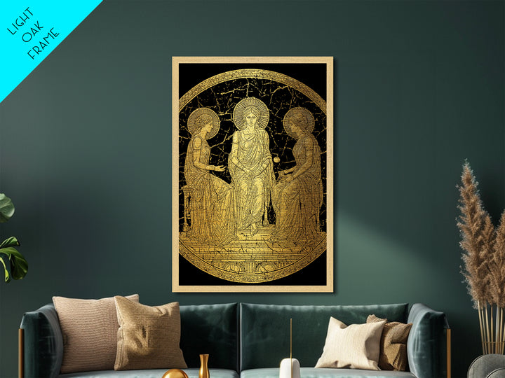 Golden Three Goddesses – Metallic Gold Metal Print – Classical Greek Wall Art with Real Wood Frame for Mythology Lovers