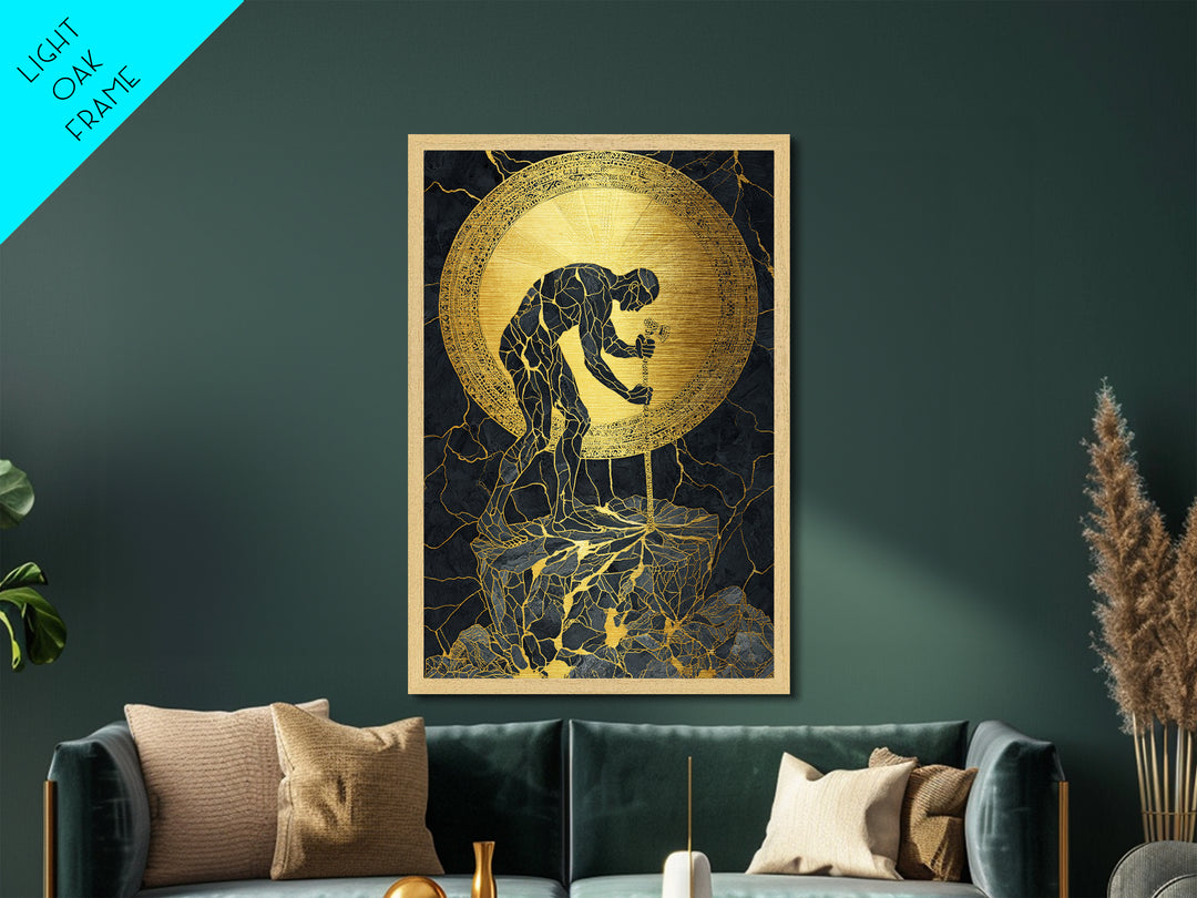Man with Sword and Sun – Metallic Gold Metal Print – Heroic Mythology Wall Art with Real Wood Frame for Powerful Home Accent