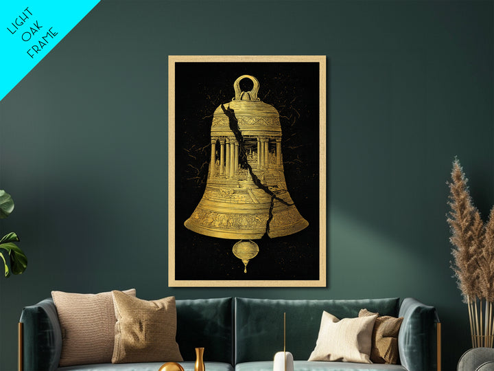 Cracked Temple Bell – Metallic Gold Metal Print – Ancient Ruins Wall Art with Real Wood Frame for History and Myth Lovers