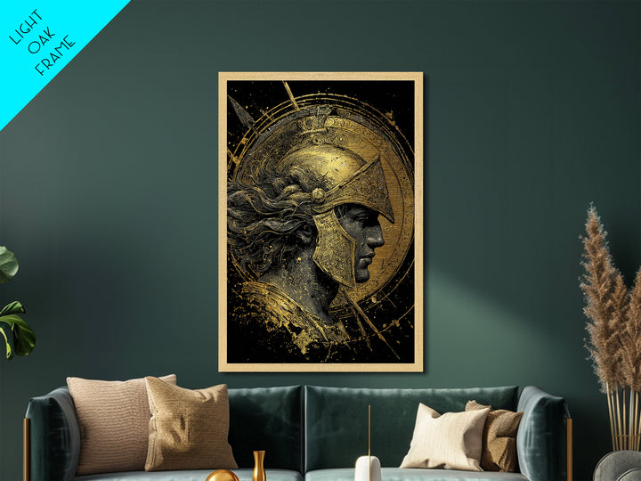 Greek Warrior Profile, Metallic Gold Metal Print, Ancient Mythology Wall Art, Real Wood Frame Decor, Luxury Hero Artwork