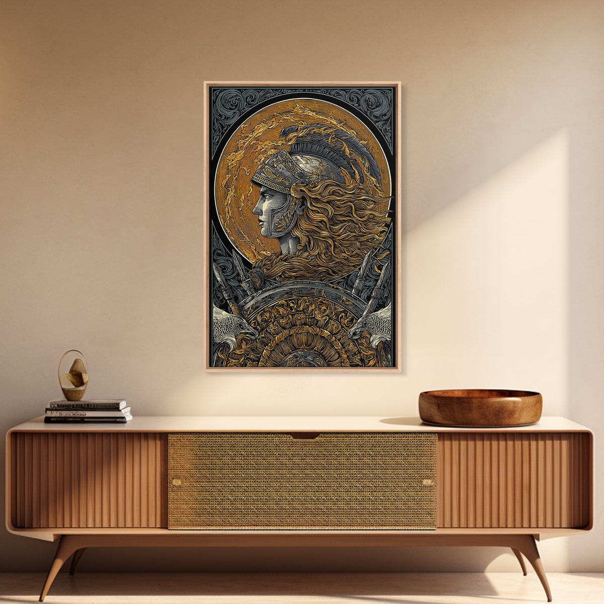Athena Greek Goddess, Canvas Gold Art, Warrior Helmet Canvas Print, Real Wood Frame Decor, Ancient Mythology Wall Artwork