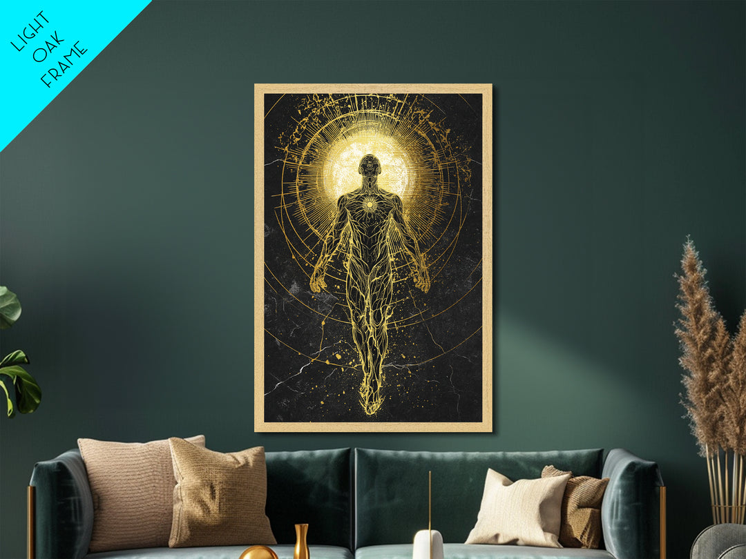 Divine Ascension Figure, Metallic Gold Art, Mythology Wall Print, Real Wood Frame Decor, Ancient Greek Inspired Metal Artwork