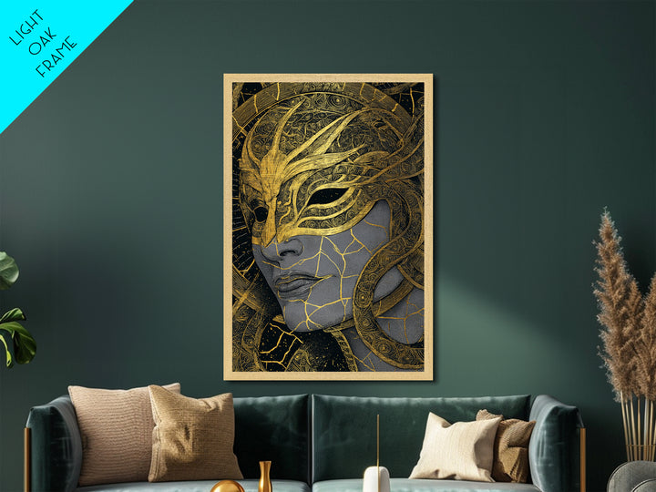 Ananke Mythological Metallic Gold Metal Print, Greek Goddess Of Inevitability Artwork, Real Wood Frame Wall Art Decoration