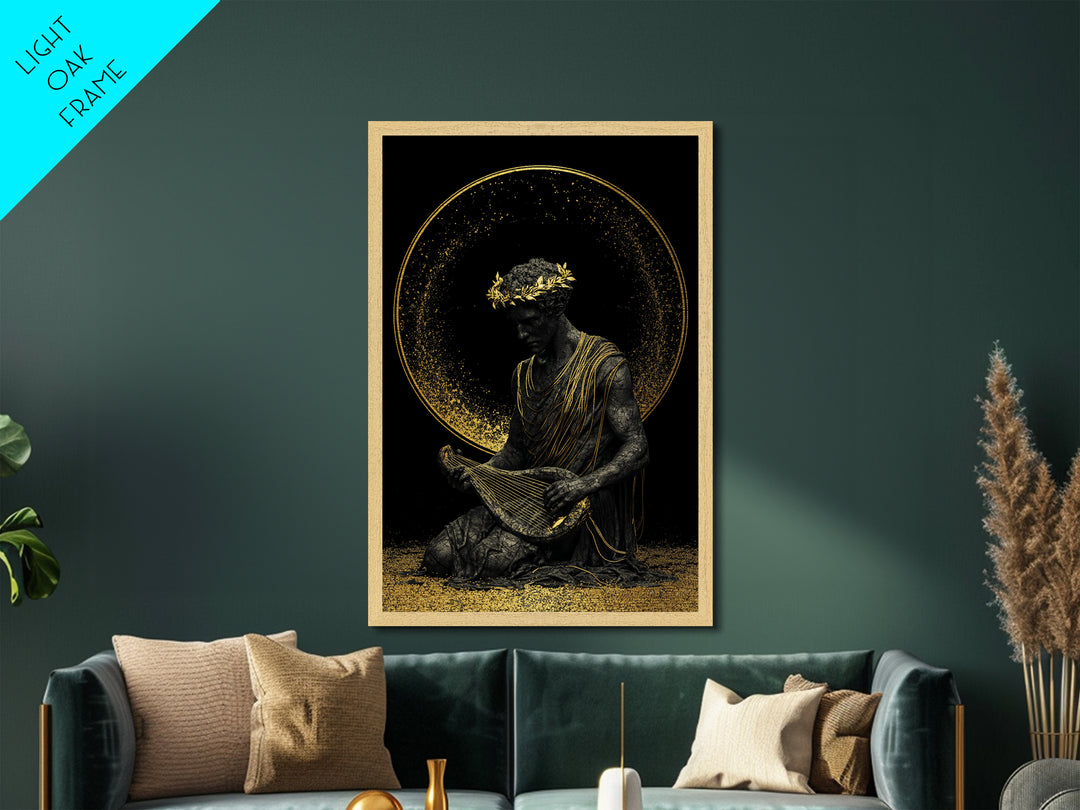 Apollo God Of Music Metallic Gold Metal Print, Greek Mythology Art With Lyre, Real Wood Framed Classical Decorative Wall Art