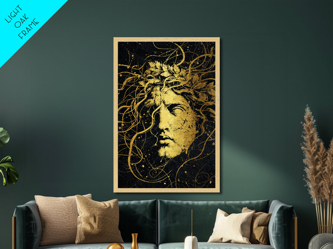 Apollo Greek Statue Metallic Gold Metal Print, Mythological Music And Light Inspired Art, Real Wood Framed Wall Decoration