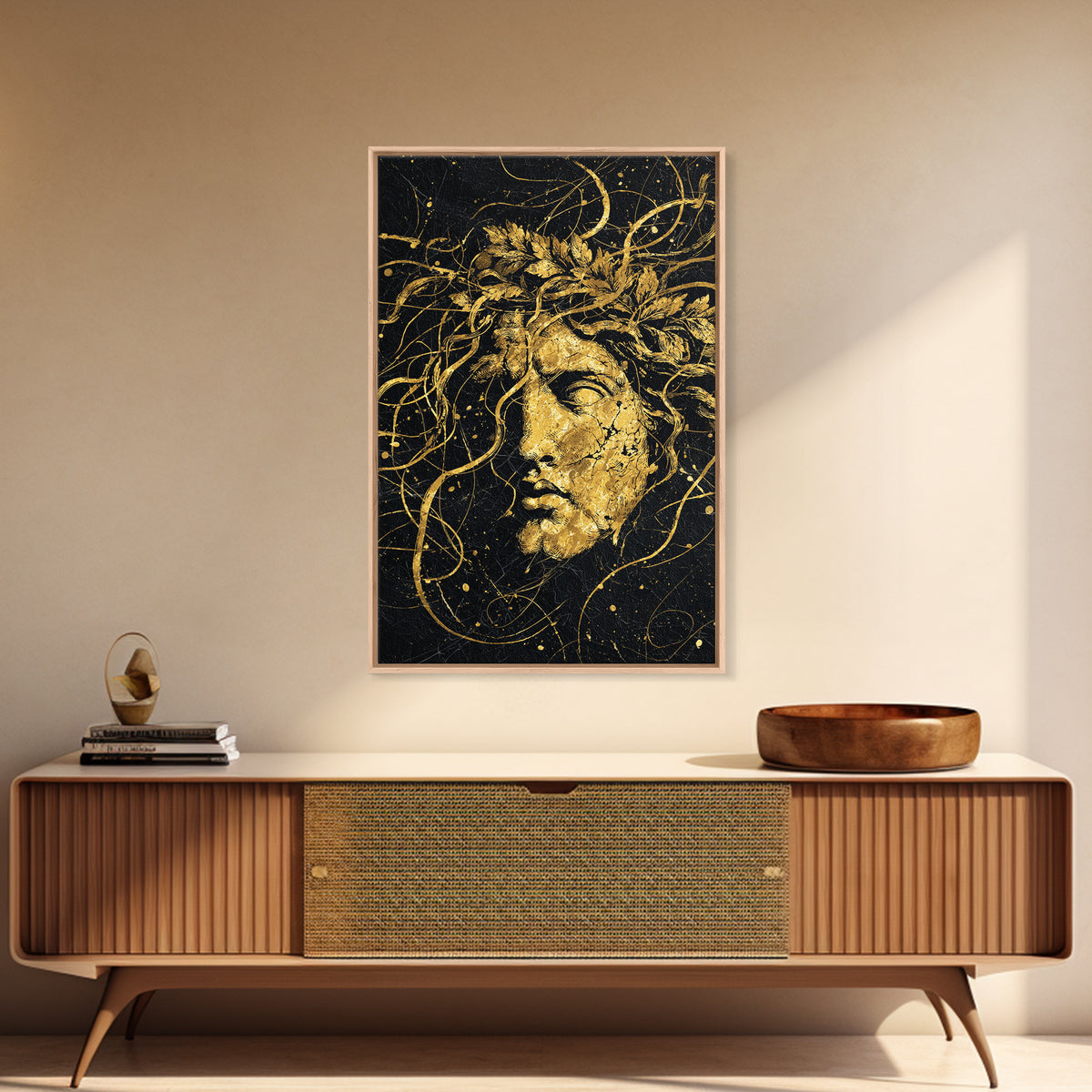 Apollo Greek Statue Canvas Gold Canvas Print, Mythological Music And Light Inspired Art, Real Wood Framed Wall Decoration
