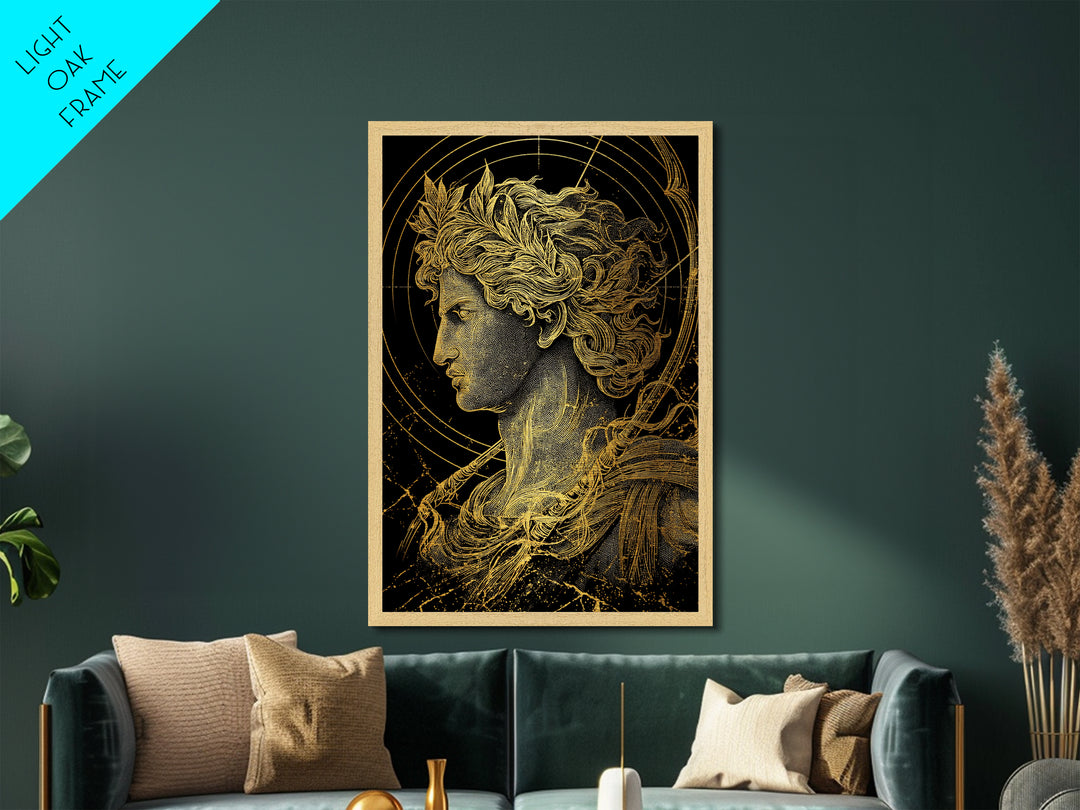 Apollo God Of Light Metallic Gold Metal Print, Classical Greek Mythology Artwork, Real Wood Frame Decorative Ancient Wall Art