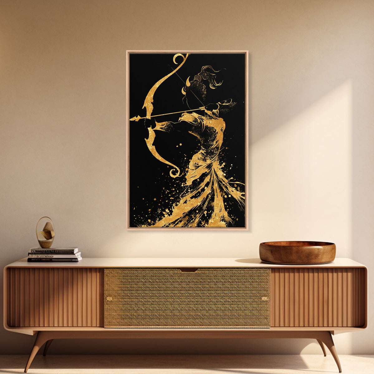 Artemis Goddess Canvas Gold Canvas Print, Greek Mythology Archer Huntress Artwork, Real Wood Framed Ancient Decorative Wall Art