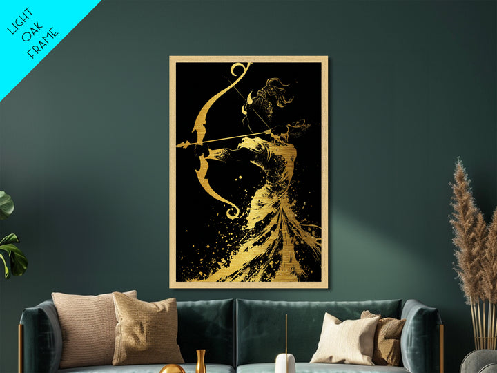 Artemis Goddess Metallic Gold Metal Print, Greek Mythology Archer Huntress Artwork, Real Wood Framed Ancient Decorative Wall Art