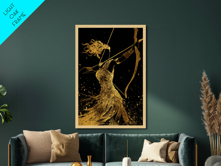 Artemis Archer Goddess Mythology, Metallic Gold Metal Print, Real Wood Frame, Greek Myth Wall Art, Celestial Home Decor